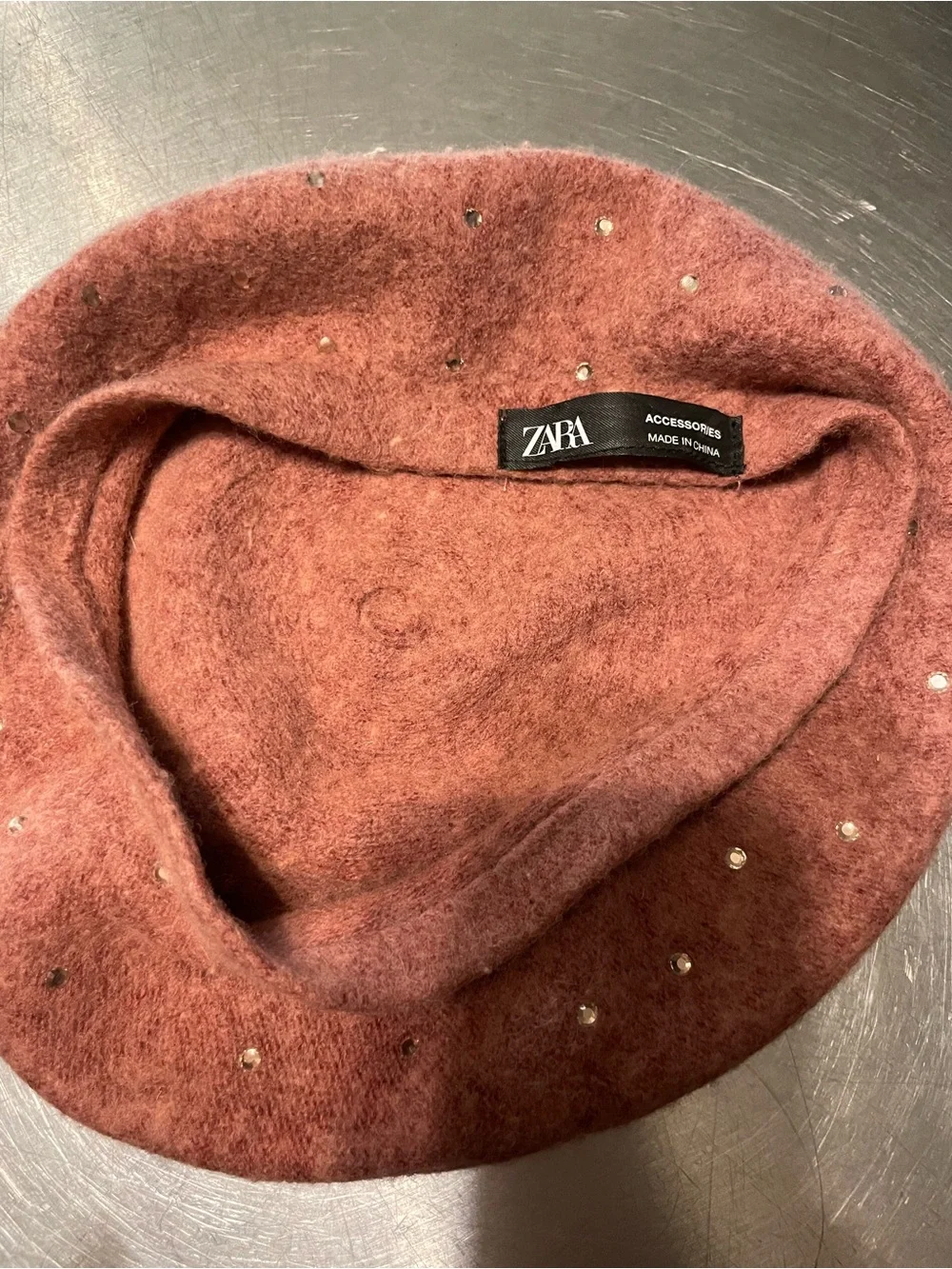 Zara girls Pink Wool Beret with Rhinestone Crystal Studs